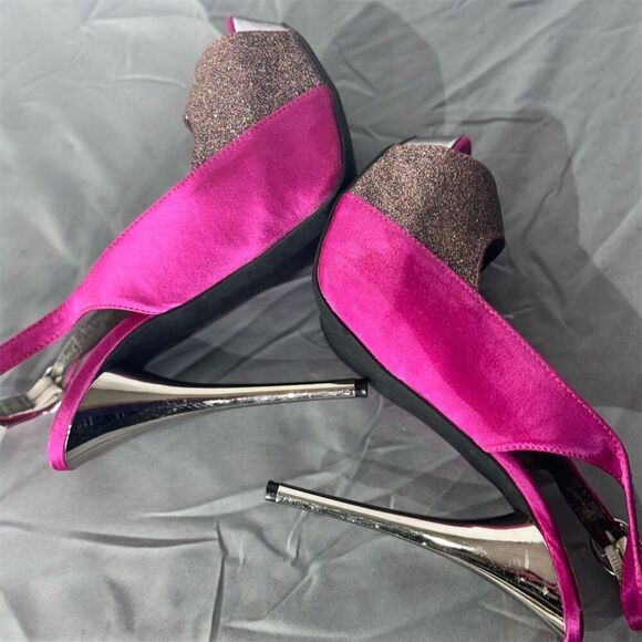 Hot Pink Glitter Deb Slingback Heels 7 – Y2K Clubwear Glam Platform Stilettos - Picture 8 of 10
